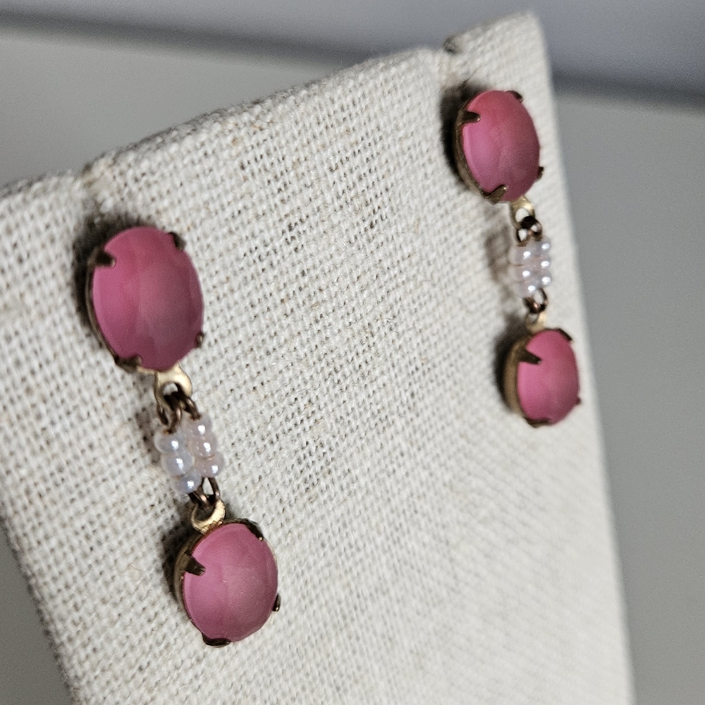 Pink Stone & Pearl Drop Earrings